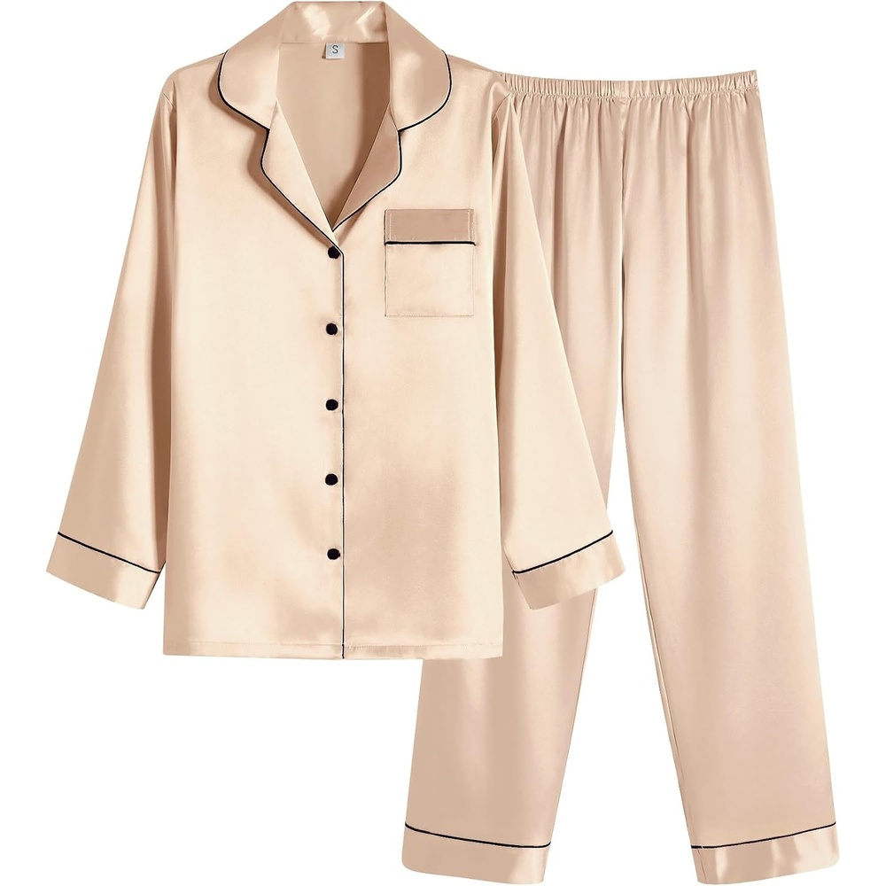 image:imageEkouaer Women Satin Pajamas Set Classic Button Down Long Pjs SetChampagne 02