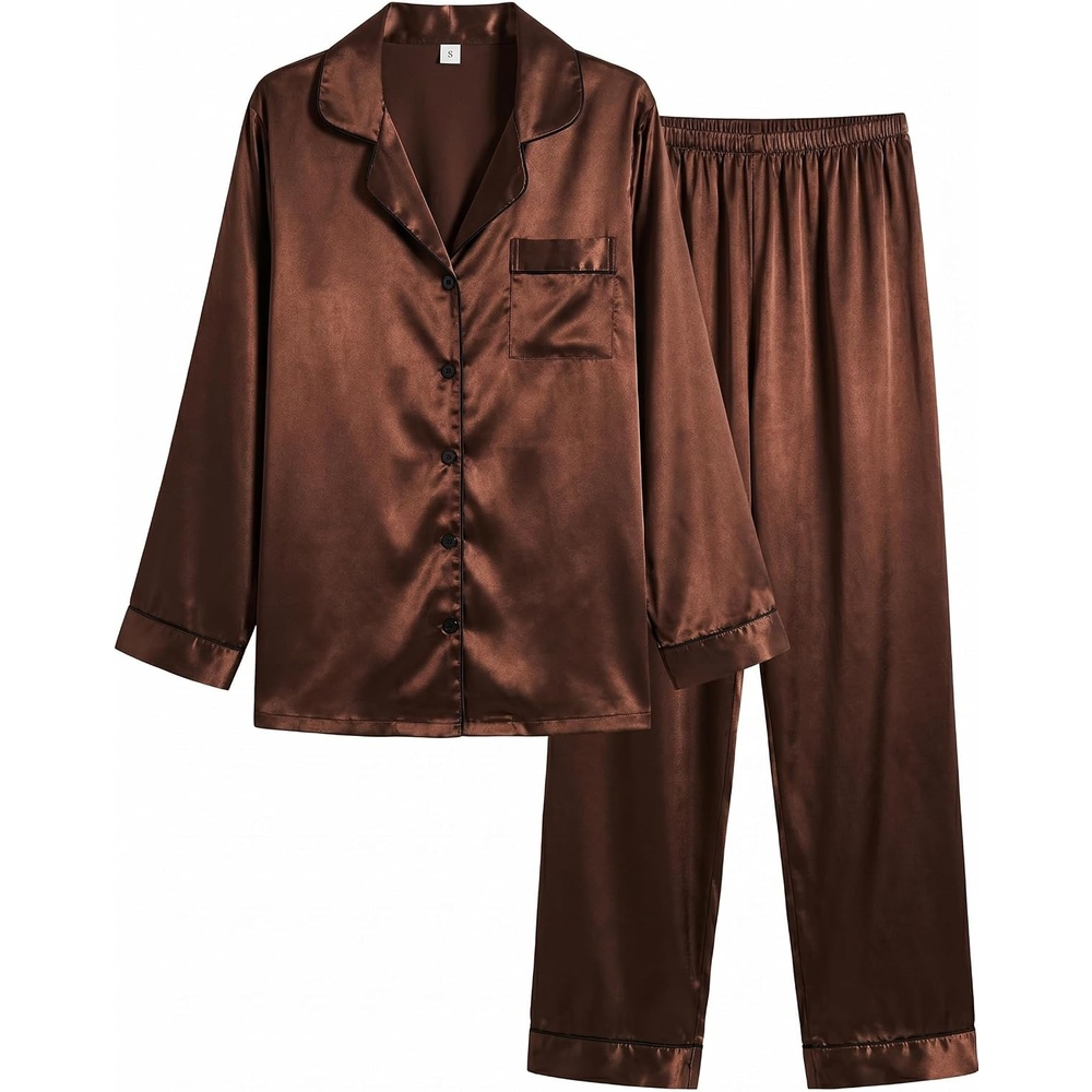 image:imageEkouaer Women Satin Pajamas Set Classic Button Down Long Pjs SetDeep Brown 02