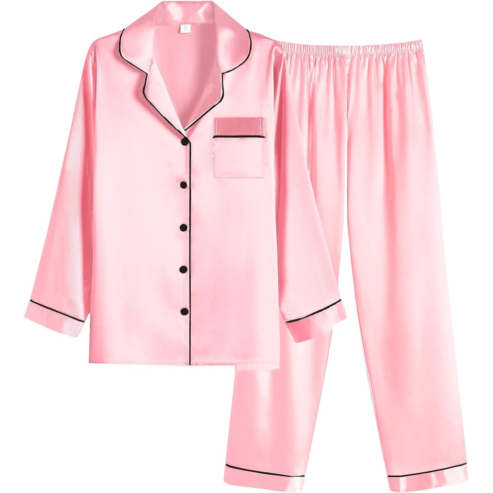 image:imageEkouaer Women Satin Pajamas Set Classic Button Down Long Pjs SetDeep Pink 02