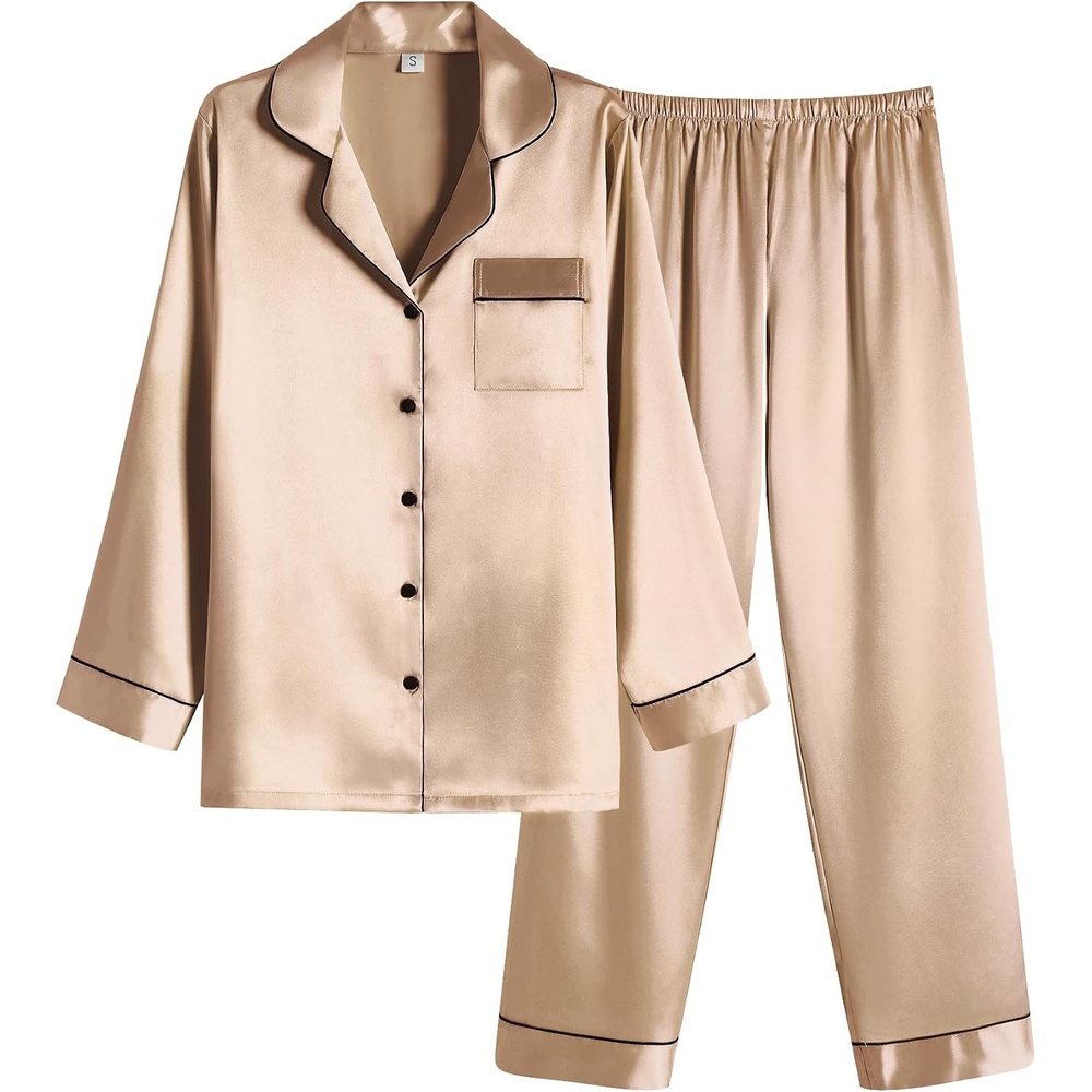 image:imageEkouaer Women Satin Pajamas Set Classic Button Down Long Pjs SetKhaki 02