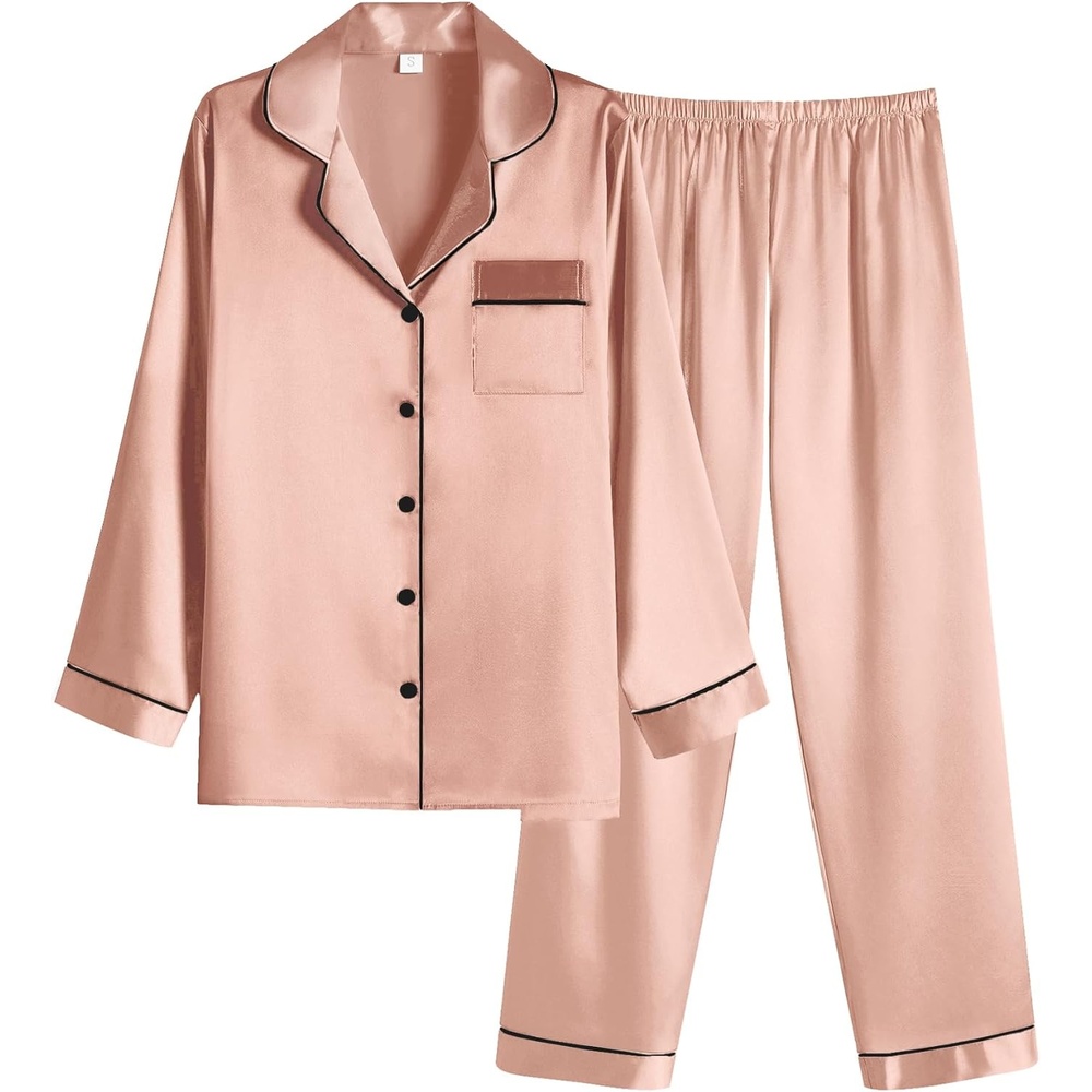 image:imageEkouaer Women Satin Pajamas Set Classic Button Down Long Pjs SetPink 02