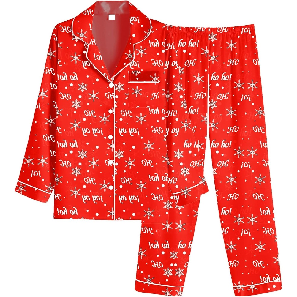image:imageEkouaer Women Satin Pajamas Set Classic Button Down Long Pjs SetRed Alphabet Christmas 02