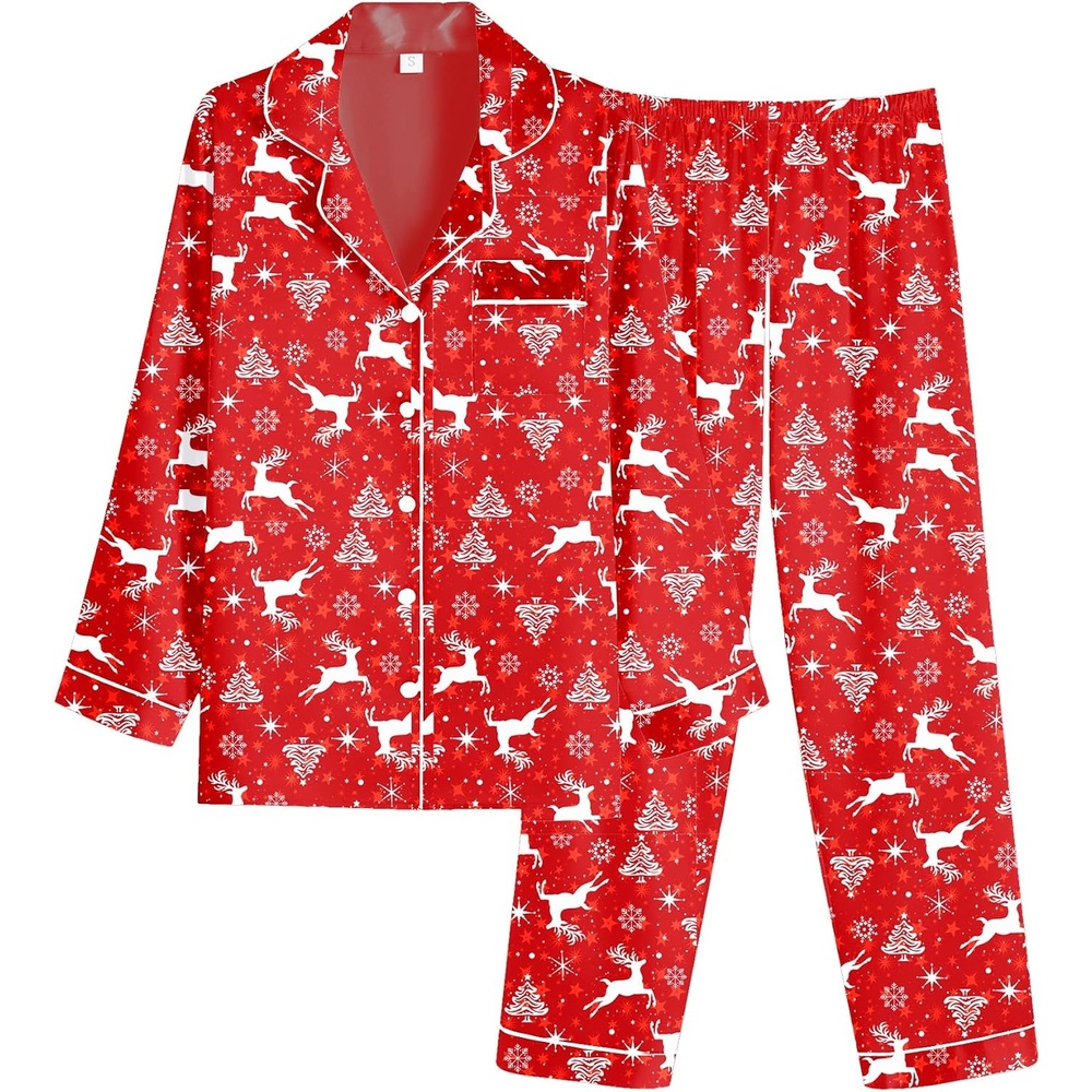 image:imageEkouaer Women Satin Pajamas Set Classic Button Down Long Pjs SetRed Christmas Elk 02