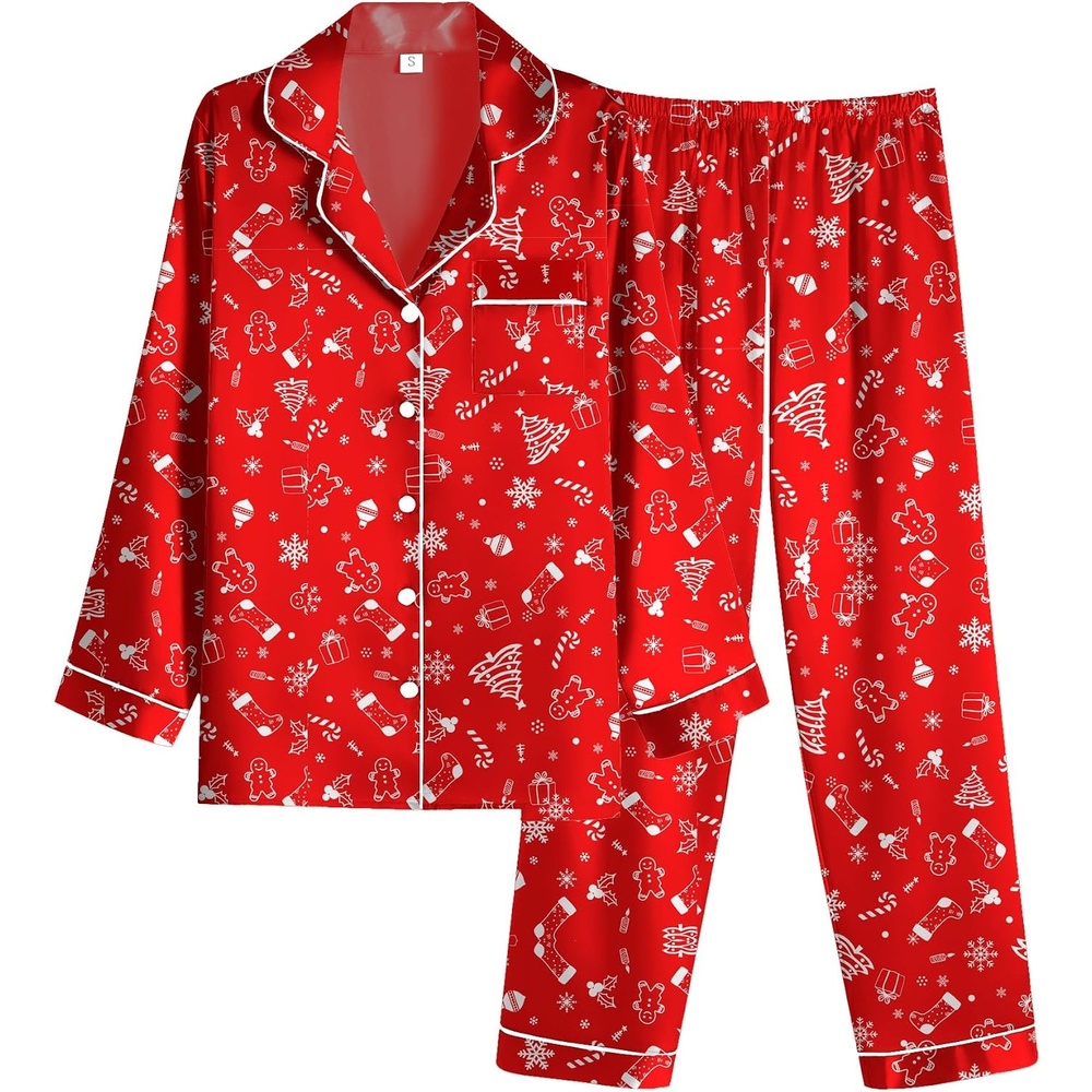image:imageEkouaer Women Satin Pajamas Set Classic Button Down Long Pjs SetRed Christmas Pattern 02