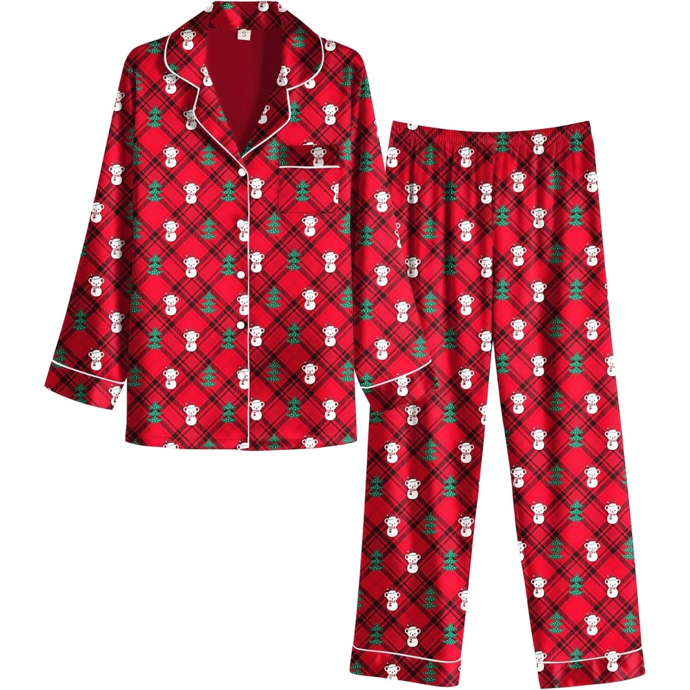 image:imageEkouaer Women Satin Pajamas Set Classic Button Down Long Pjs SetRed Christmas Teddy 02