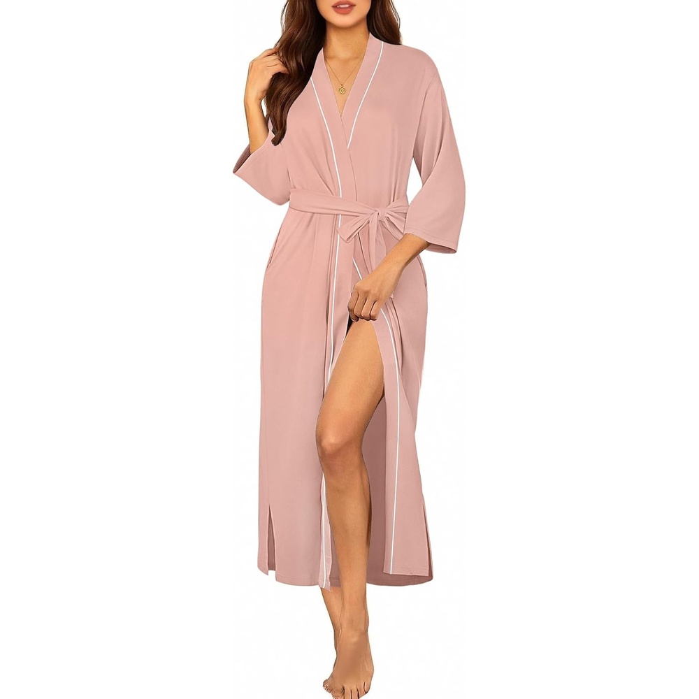 image:imageEkouaer Womens Robe Long Knit Bathrobe Soft 34 Sleeves Kimono Robe Lightweight Sleepwear