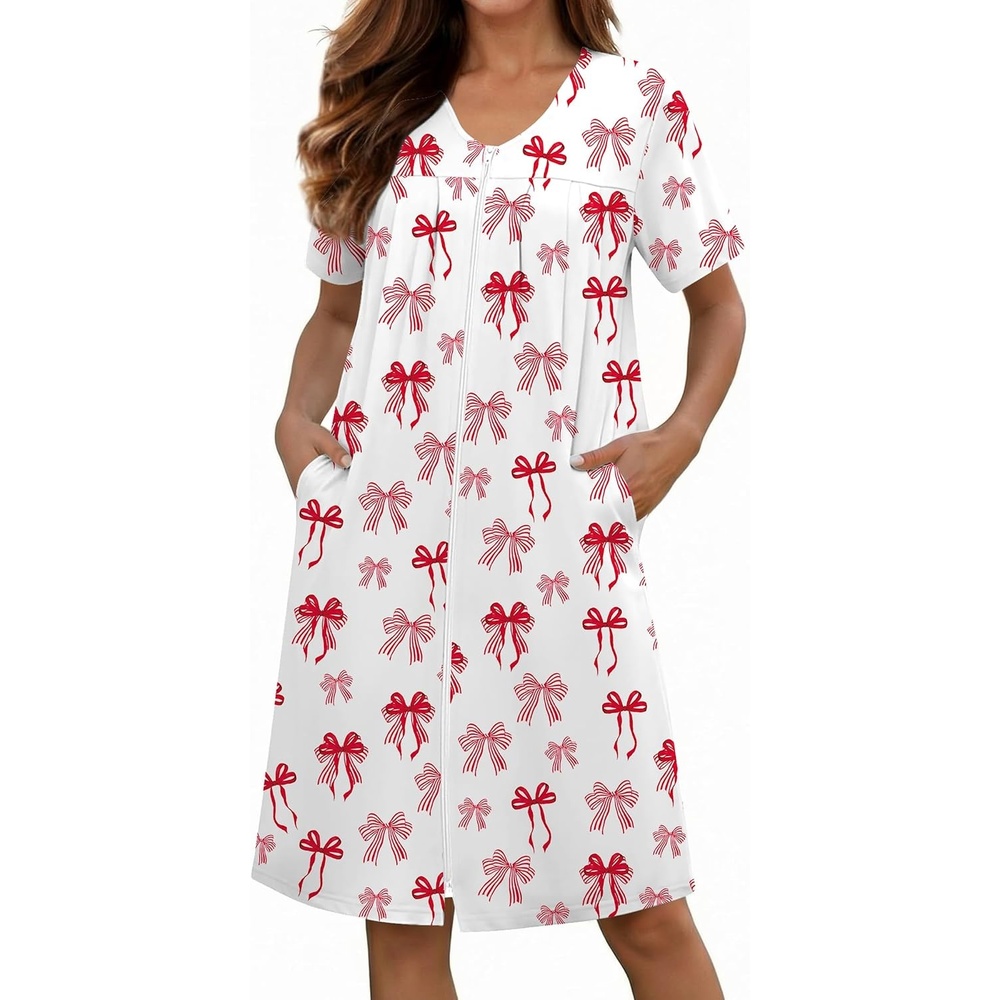 image:imageEkouaer Zipper Robes for Women Short Knit Bathrobes Lightweight Knee Length Housecoat with Pockets Nightgown S3XLRed Bow Tie