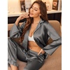Ekouaer Silk Satin Pajamas Set Womens Long Sleepwear Button Down 2 Piece Classic Soft Loungewear Pjs Set(Deep Grey)