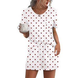 Ekouaer Pajama Set for Women 2 Piece Lounge Set Short Sleeve Tops and Shorts Soft Sleepwear, Chest Pocket(White-red Dot)