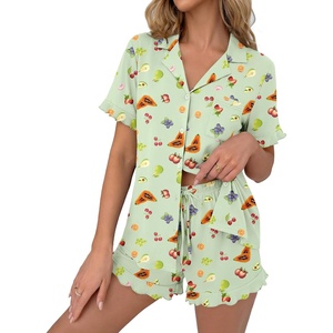 Ekouaer Pajamas Set for Women Button Down Pjs Lounge Sets Ruffle Short Sleeve Sleepwear Cute Loungewear(Green Fruits)