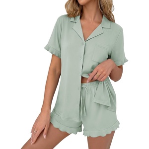 Ekouaer Pajamas Set for Women Button Down Pjs Lounge Sets Ruffle Short Sleeve Sleepwear Cute Loungewear(Light Green)
