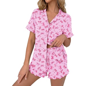 Ekouaer Pajamas Set for Women Button Down Pjs Lounge Sets Ruffle Short Sleeve Sleepwear Cute Loungewear(Pink With Pink Bow)