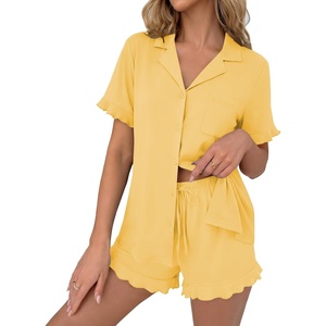 Ekouaer Pajamas Set for Women Button Down Pjs Lounge Sets Ruffle Short Sleeve Sleepwear Cute Loungewear(Yellow)