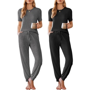 Ekouaer Pajamas for Women Set 2 Pack Lounge Set Short Sleeve Pjs Joggers Long Pants Loungepwear with Pockets(Black+dark Gray)