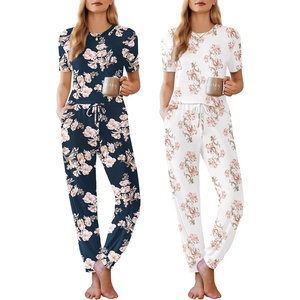Ekouaer Pajamas for Women Set 2 Pack Lounge Set Short Sleeve Pjs Joggers Long Pants Loungepwear with Pockets(Navy Blue Flower+white Flower)