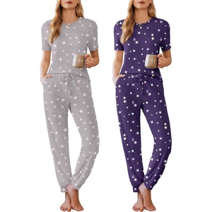 Ekouaer Pajamas for Women Set 2 Pack Lounge Set Short Sleeve Pjs Joggers Long Pants Loungepwear with Pockets(Pink Star+purple Star)