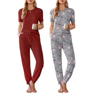 Ekouaer Pajamas for Women Set 2 Pack Lounge Set Short Sleeve Pjs Joggers Long Pants Loungepwear with Pockets(Wine Red+grey Coffee)