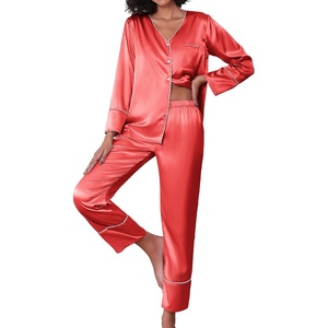 Ekouaer Silk Satin Pajamas 2 Piece Long Sleeve V Neck Shirt with Pants Pj Sets Silky Sleepwear Loungewear for Women(Red)