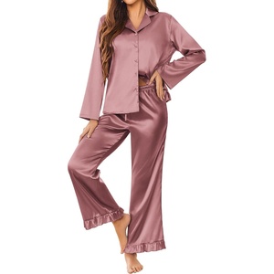 Ekouaer Silk Satin Pajamas Set Womens Long Sleepwear Button Down 2 Piece Classic Soft Loungewear Pjs Set(Lotus Color)