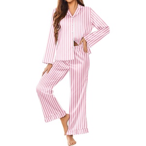 Ekouaer Silk Satin Pajamas Set Womens Long Sleepwear Button Down 2 Piece Classic Soft Loungewear Pjs Set(Pink Striped)