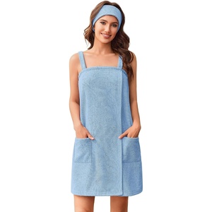 Ekouaer Towel Robe for Women Spa Bath Wrap Lightweight Towel Wrap with Pockets Adjustable Shower Robe with Headband(A-light Blue)