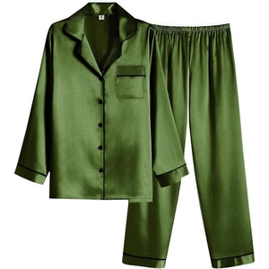 Ekouaer Women Satin Pajamas Set Classic Button Down Long Pjs Set(Army Green 02)