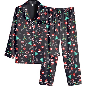 Ekouaer Women Satin Pajamas Set Classic Button Down Long Pjs Set(Black Christmas Pattern 02)