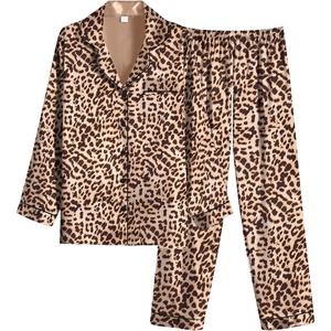 Ekouaer Women Satin Pajamas Set Classic Button Down Long Pjs Set(Brown Leopard 02)