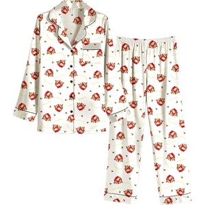 Ekouaer Women Satin Pajamas Set Classic Button Down Long Pjs Set(Christmas Teddy 02)