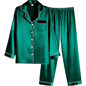 Ekouaer Women Satin Pajamas Set Classic Button Down Long Pjs Set(Deep Green 02)