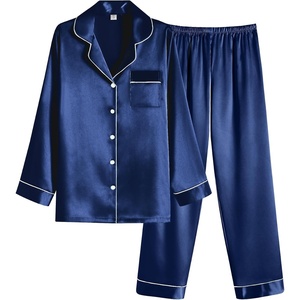 Ekouaer Women Satin Pajamas Set Classic Button Down Long Pjs Set(Navy Blue 02)