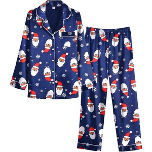 Ekouaer Women Satin Pajamas Set Classic Button Down Long Pjs Set(Navy Blue Christmas 02)