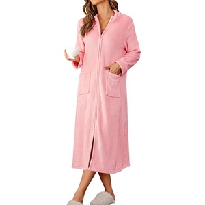 Ekouaer Women Zipper Robe Fleece Long Sleeves Bathrobe Sleepwear Warm Soft Housecoat with Pockets Zip Up House Dresses(Pink)