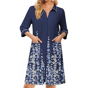 Ekouaer Zipper Robes for Women 3/4 Sleeve Housecoats Knee Length Bathrobe Lightweight Nightgown with Pockets S-3XL(Blue Floral)