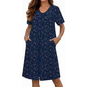 Ekouaer Zipper Robes for Women Short Knit Bathrobes Lightweight Knee Length Housecoat with Pockets Nightgown S-3XL(Navy Blue Star)