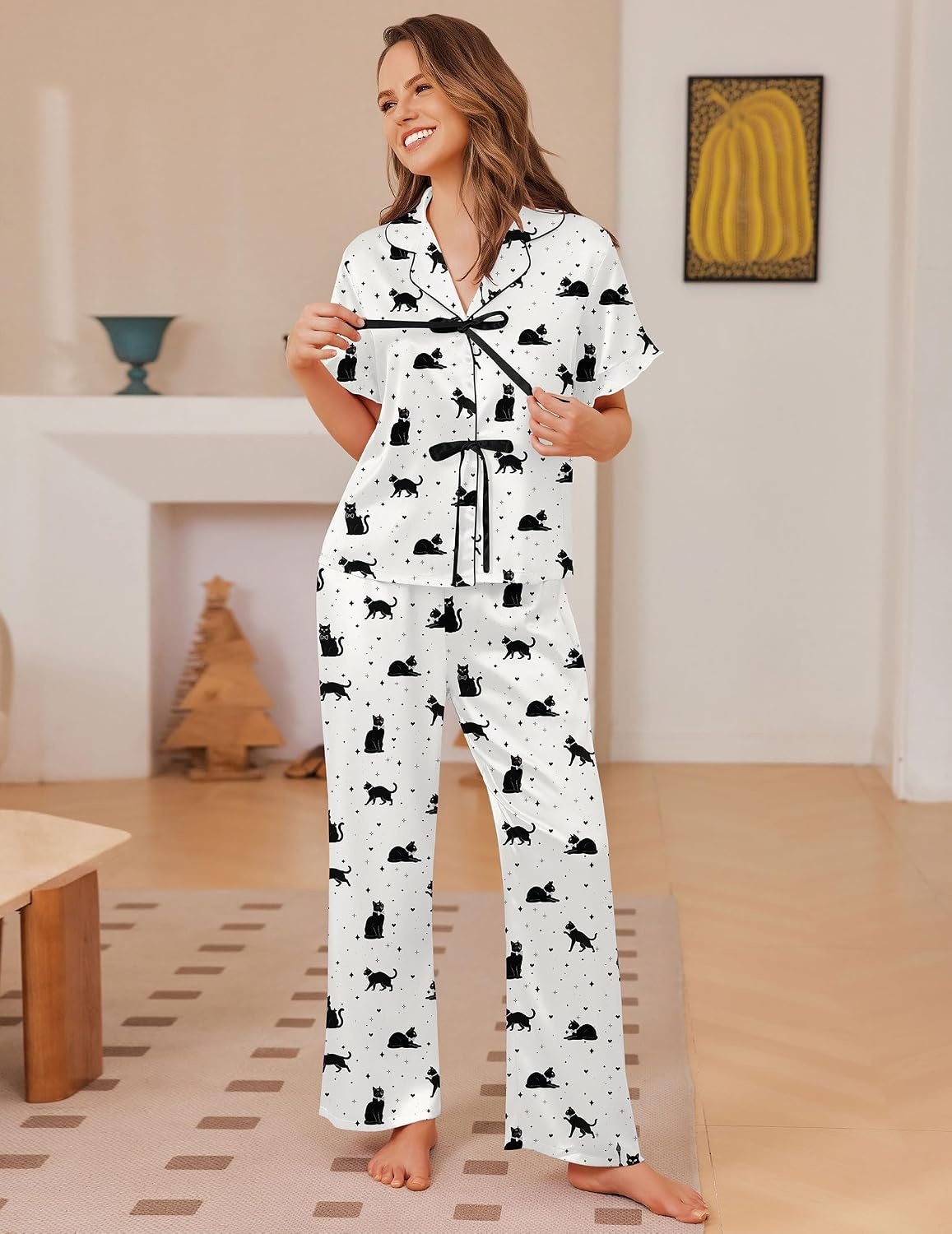 image:imageEkouaer Silk Pajamas for Women 2 Piece Satin Pj Set Ruffle Tie Short Sleeve Sleepwear Comfy Loungewear with PocketsBlack Cat