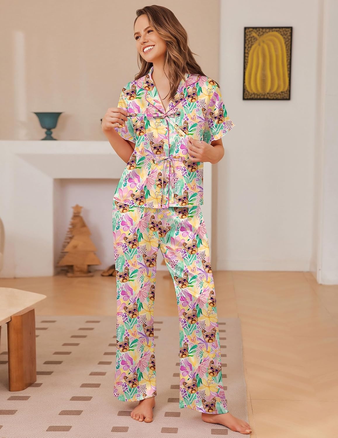 image:imageEkouaer Silk Pajamas for Women 2 Piece Satin Pj Set Ruffle Tie Short Sleeve Sleepwear Comfy Loungewear with PocketsPink Puppy
