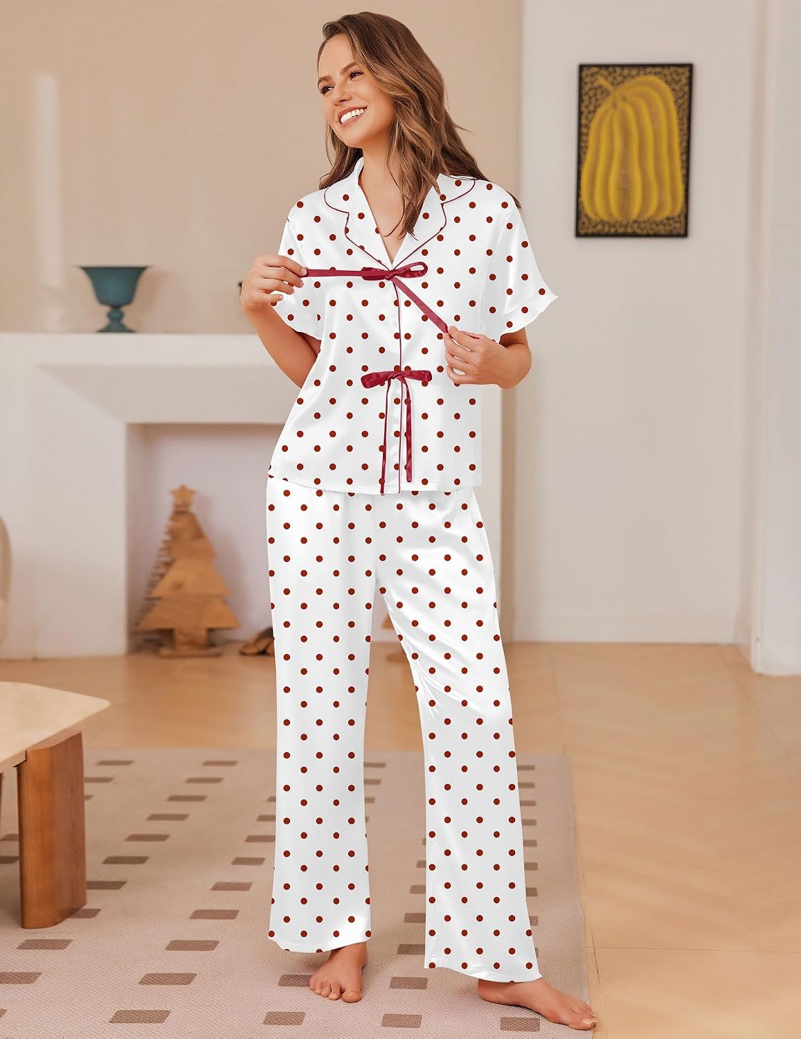 image:imageEkouaer Silk Pajamas for Women 2 Piece Satin Pj Set Ruffle Tie Short Sleeve Sleepwear Comfy Loungewear with PocketsWhite Polka