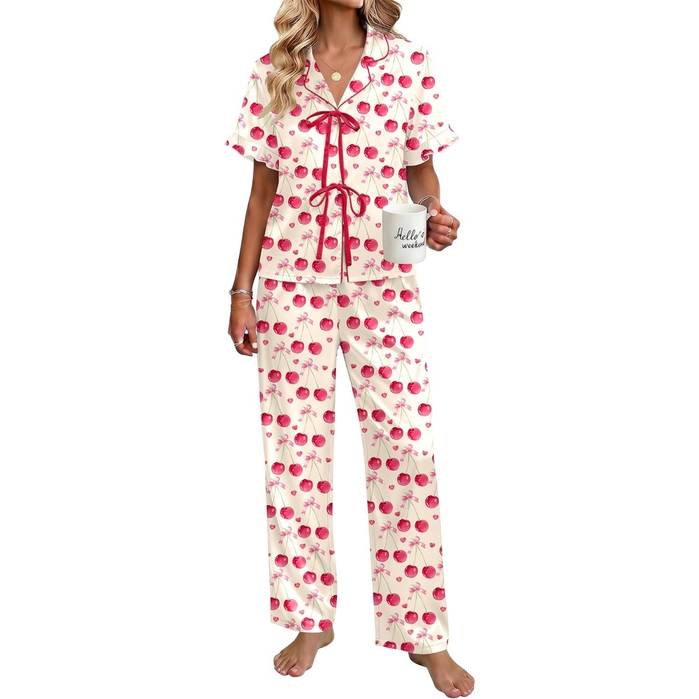 image:imageEkouaer Silk Pajamas for Women 2 Piece Satin Pj Set Ruffle Tie Short Sleeve Sleepwear Comfy Loungewear with PocketsPink Cherry