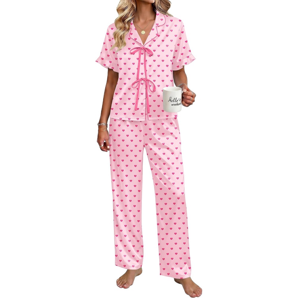 image:imageEkouaer Silk Pajamas for Women 2 Piece Satin Pj Set Ruffle Tie Short Sleeve Sleepwear Comfy Loungewear with PocketsPink Heart