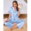 Ekouaer Silk Pajamas for Women 2 Piece Satin Pj Set Ruffle Tie Short Sleeve Sleepwear Comfy Loungewear with Pockets(Light Blue)