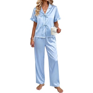 Ekouaer Silk Pajamas for Women 2 Piece Satin Pj Set Ruffle Tie Short Sleeve Sleepwear Comfy Loungewear with Pockets(Light Blue)