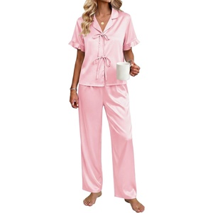Ekouaer Silk Pajamas for Women 2 Piece Satin Pj Set Ruffle Tie Short Sleeve Sleepwear Comfy Loungewear with Pockets(Pink)