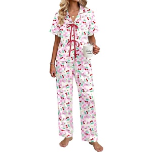 Ekouaer Silk Pajamas for Women 2 Piece Satin Pj Set Ruffle Tie Short Sleeve Sleepwear Comfy Loungewear with Pockets(Plaid Cherry)