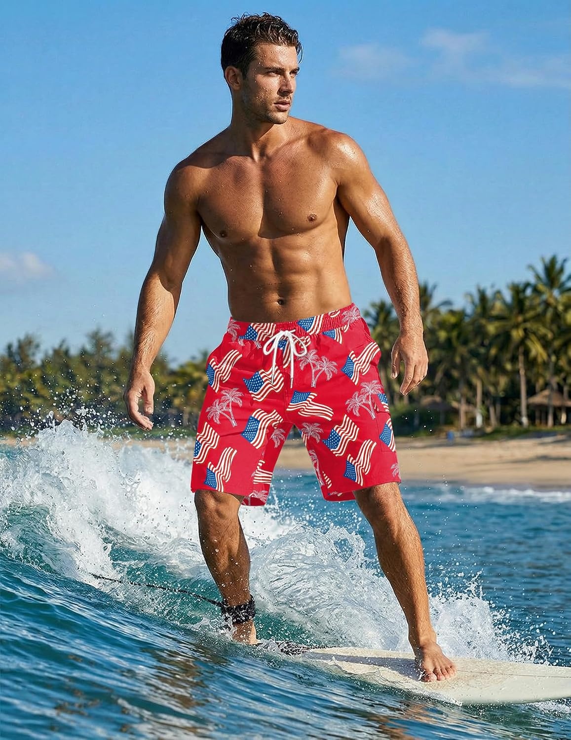image:imageEkouaer 9 Inch Mens Swim Trunks with Compression Liner 2 in 1 Board Shorts Quick Dry Bathing Suit with Pockets S2XLRed American Flag