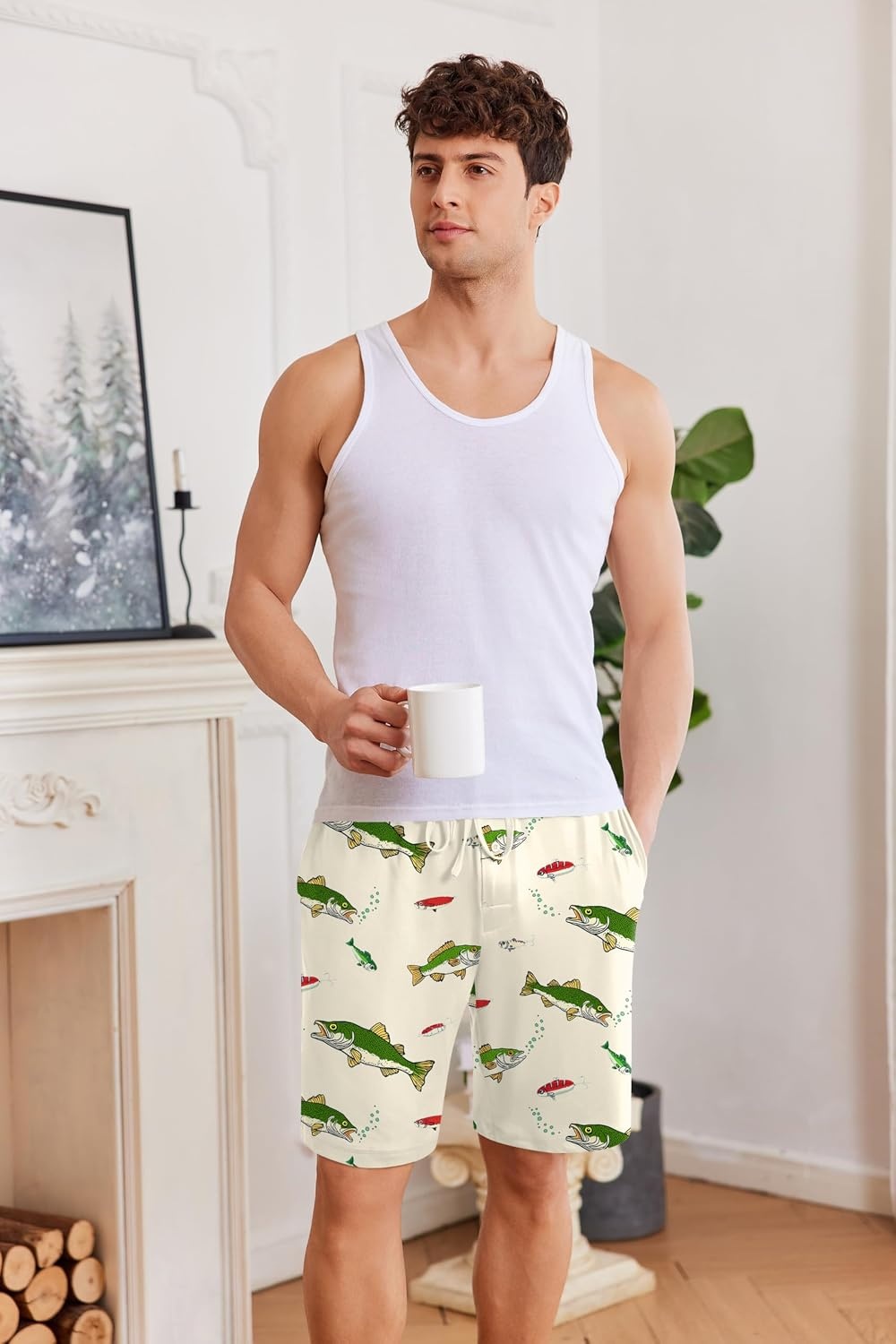 image:imageEkouaer Mens Pajama Shorts Soft Sleepwear Bottoms Elastic Waistband Loungewear Breathable Men Shorts with PocketsShark and Crayfish