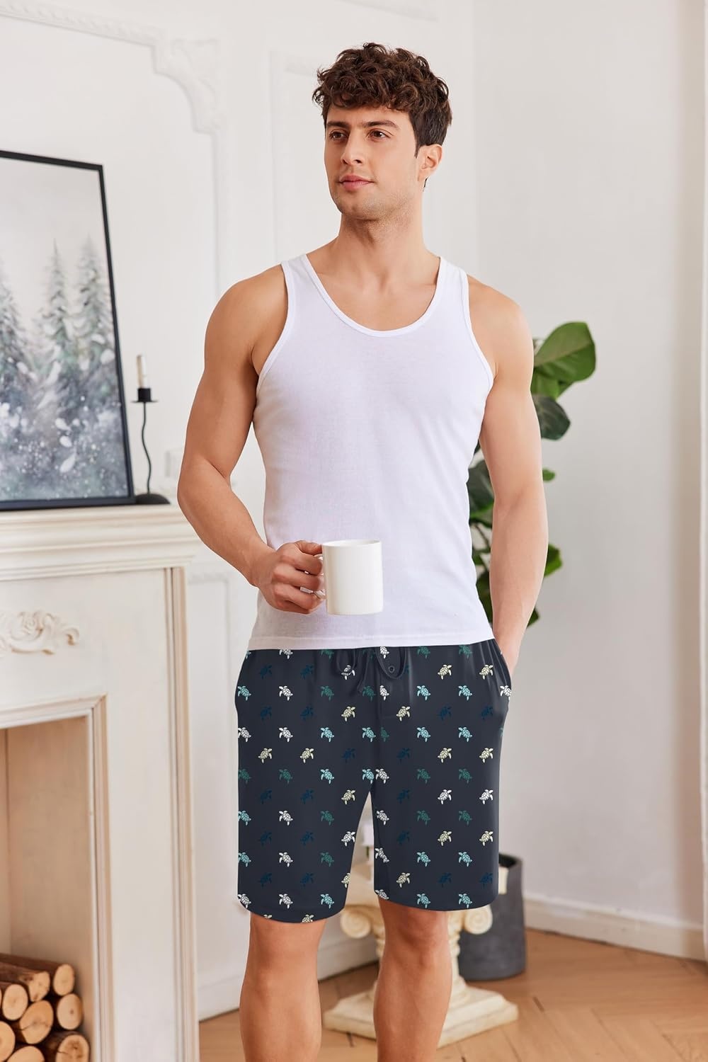 image:imageEkouaer Mens Pajama Shorts Soft Sleepwear Bottoms Elastic Waistband Loungewear Breathable Men Shorts with PocketsTurtle