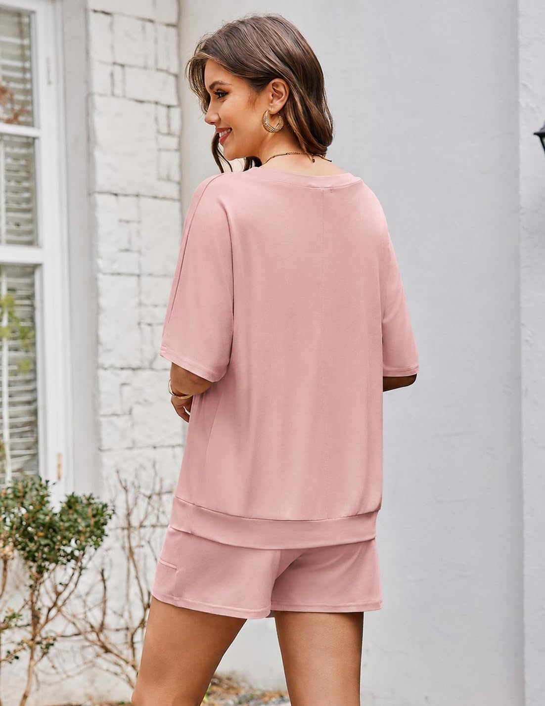 image:imageEkouaer Women Pajama Set Two Piece Short Sleeve V Neck Top and Lounge Sleep Shorts Set with Pockets Comfortable SleepwearRose Pink