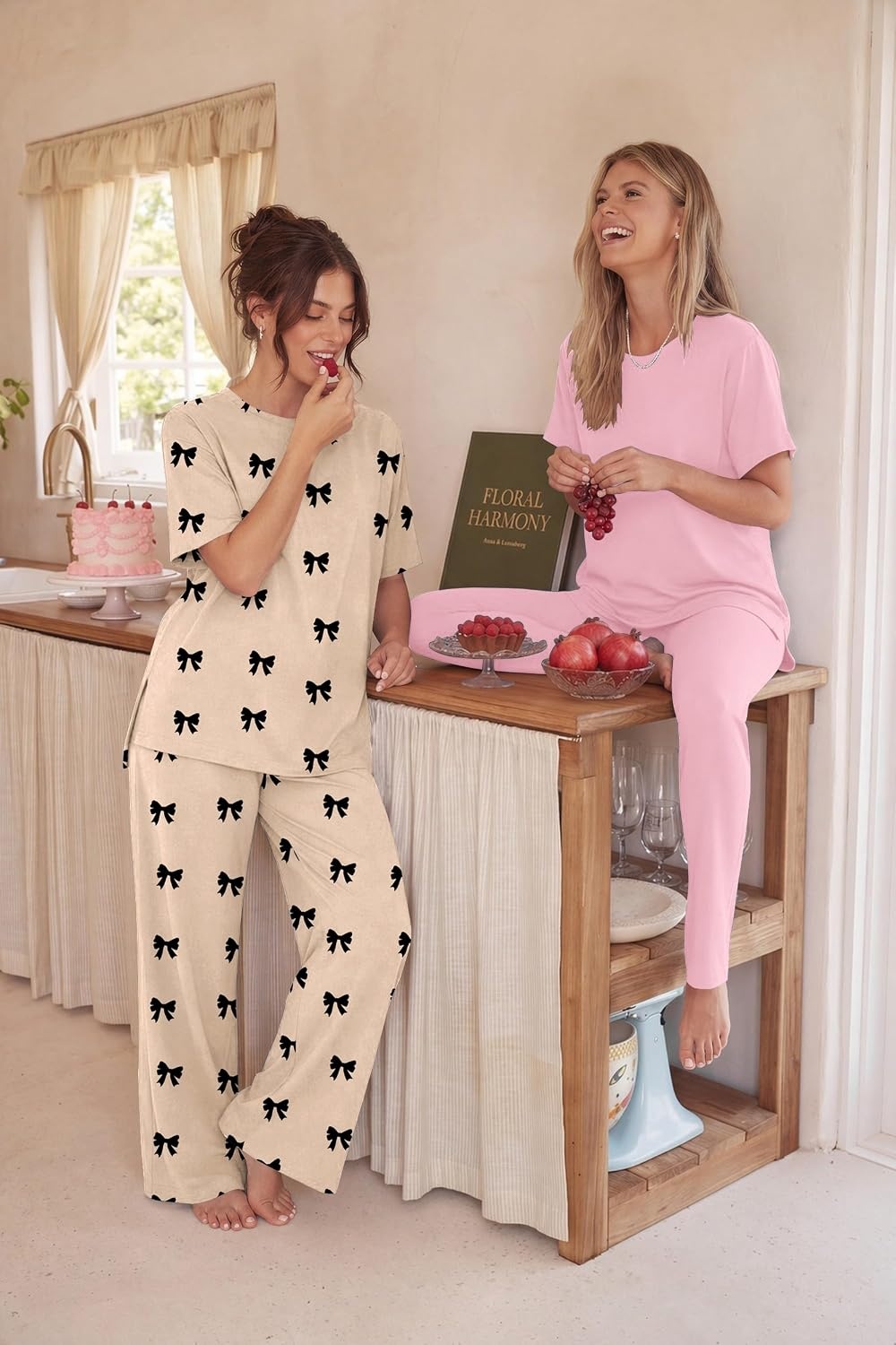 image:imageEkouaer Womens Lounge Sets Short Sleeve Top Long Pants 2 Piece Outfit Set Soft Oversized Shirt amp Loose Fit Pants with Pockets Casual Loungewear for Travel Vacation Airport HomeDaily Wear2PackHot Pinkchampagne Bow