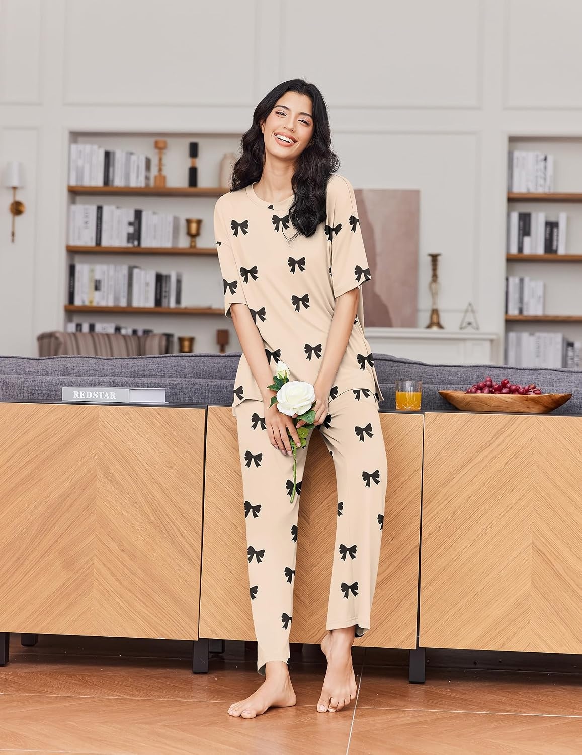 image:imageEkouaer Womens Lounge Sets Short Sleeve Top Long Pants 2 Piece Outfit Set Soft Oversized Shirt amp Loose Fit Pants with Pockets Casual Loungewear for Travel Vacation Airport HomeDaily Wear2PackHot Pinkchampagne Bow